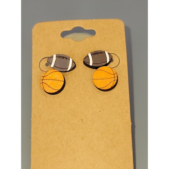 Set of 2 Wooden Spots Mom Stud Earrings Hand Painted Basketball Football Pierced - Picture 1 of 4